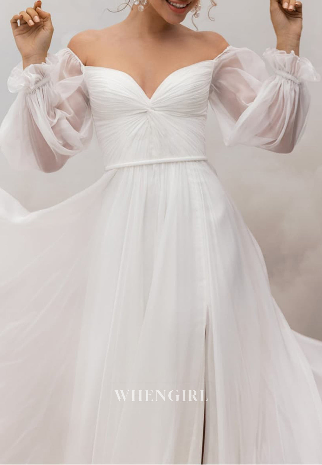 A-Line 3/4 Sleeves Sweetheart Pleated Side Slit Back Zipper Chiffon Wedding Dress