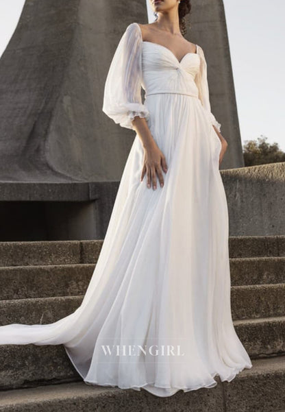 A-Line 3/4 Sleeves Sweetheart Pleated Side Slit Back Zipper Chiffon Wedding Dress