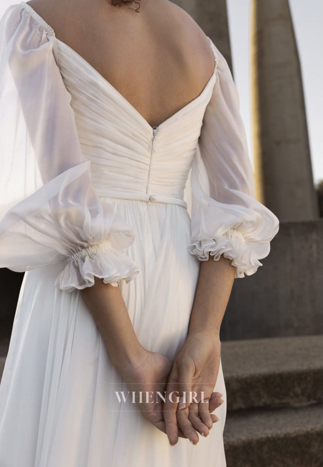 A-Line 3/4 Sleeves Sweetheart Pleated Side Slit Back Zipper Chiffon Wedding Dress