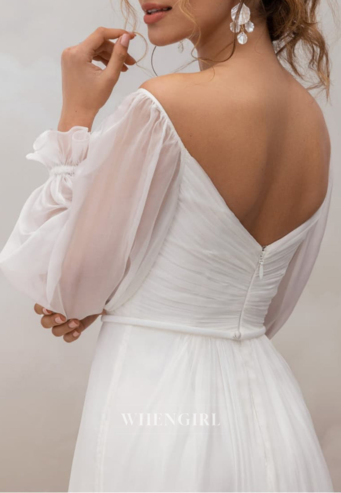 A-Line 3/4 Sleeves Sweetheart Pleated Side Slit Back Zipper Chiffon Wedding Dress