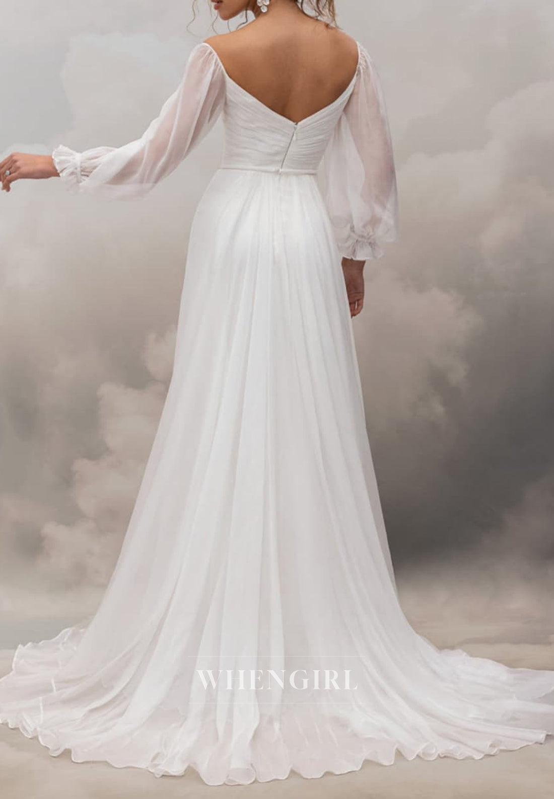 A-Line 3/4 Sleeves Sweetheart Pleated Side Slit Back Zipper Chiffon Wedding Dress