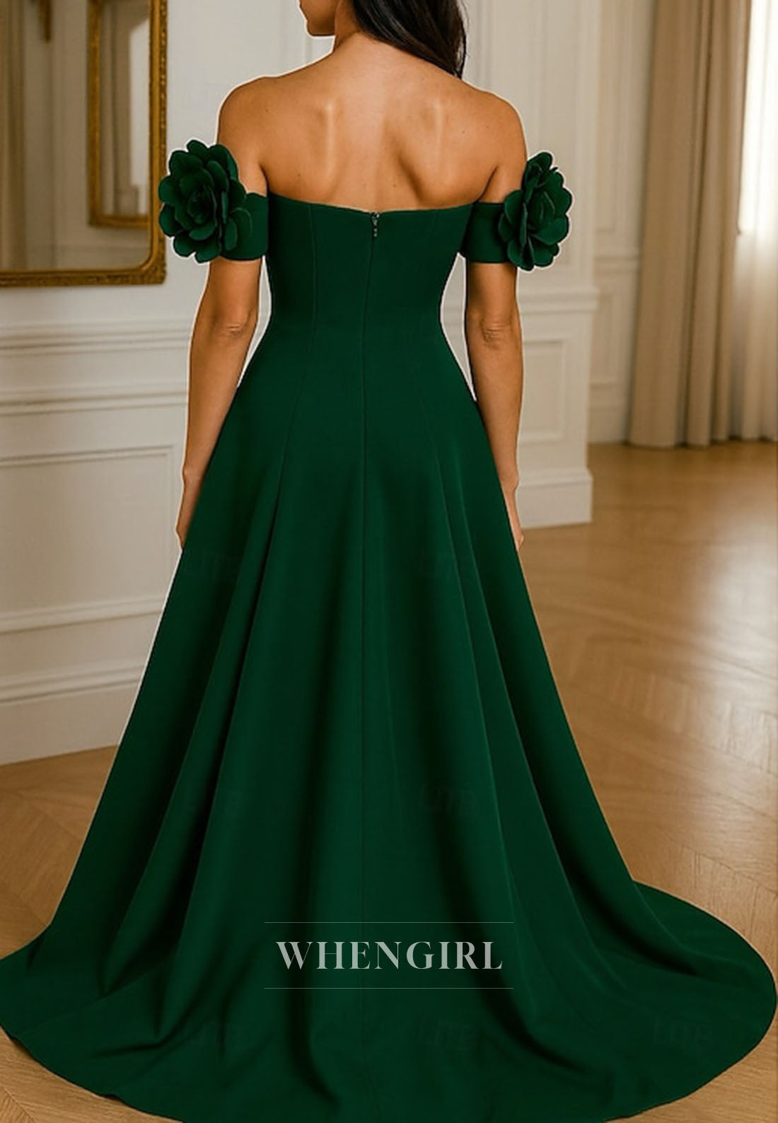 A-Line Off Shoulder Flower Sweep Train Mother of the Bride Dress