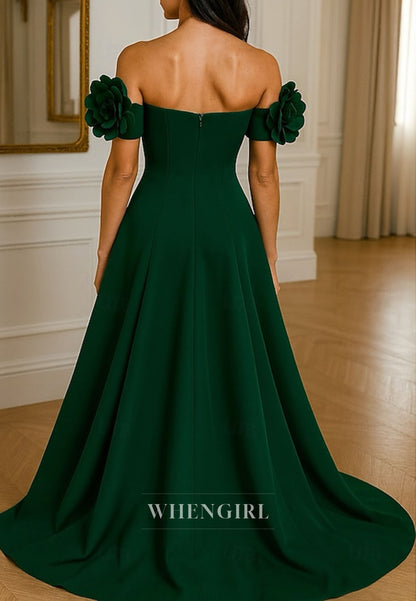 A-Line Off Shoulder Flower Sweep Train Mother of the Bride Dress