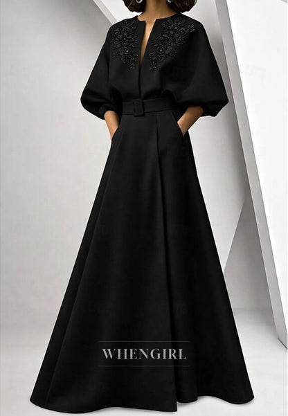 A-Line Puff Sleeves Embroidery Mother of the Bride Dress with Pockets