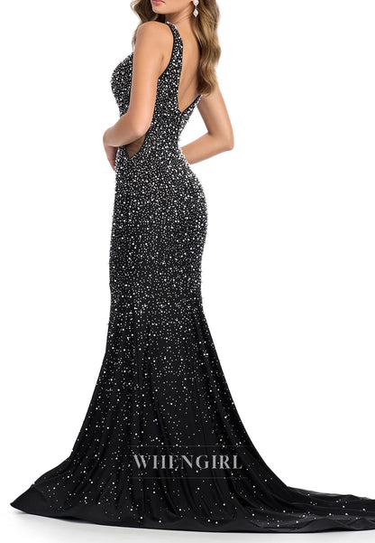 Mermaid Pearls Beading V Neck Sleeveless Regular Straps Prom Dress