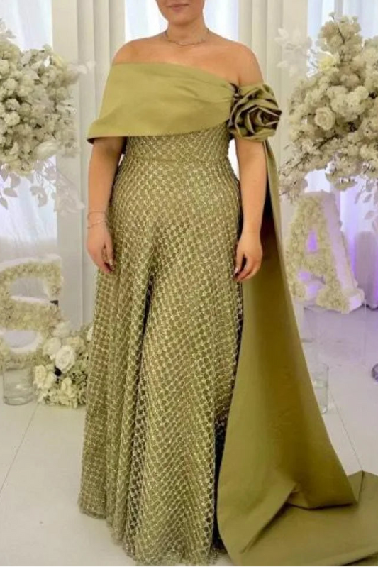 Green A-Line Off Shoulder 3D Flower Formal Evening Dress