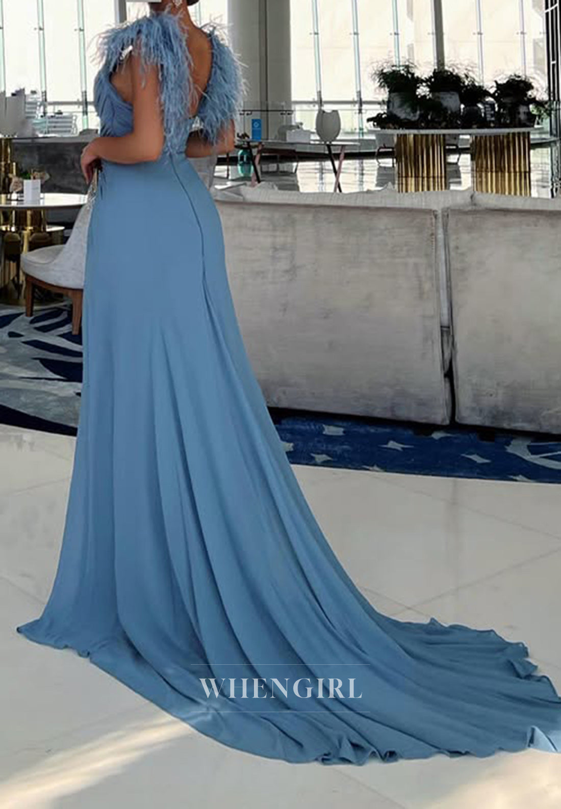 Sheath V Neck Chiffon Pleats Feathers Long Formal Evening Dress with Slit