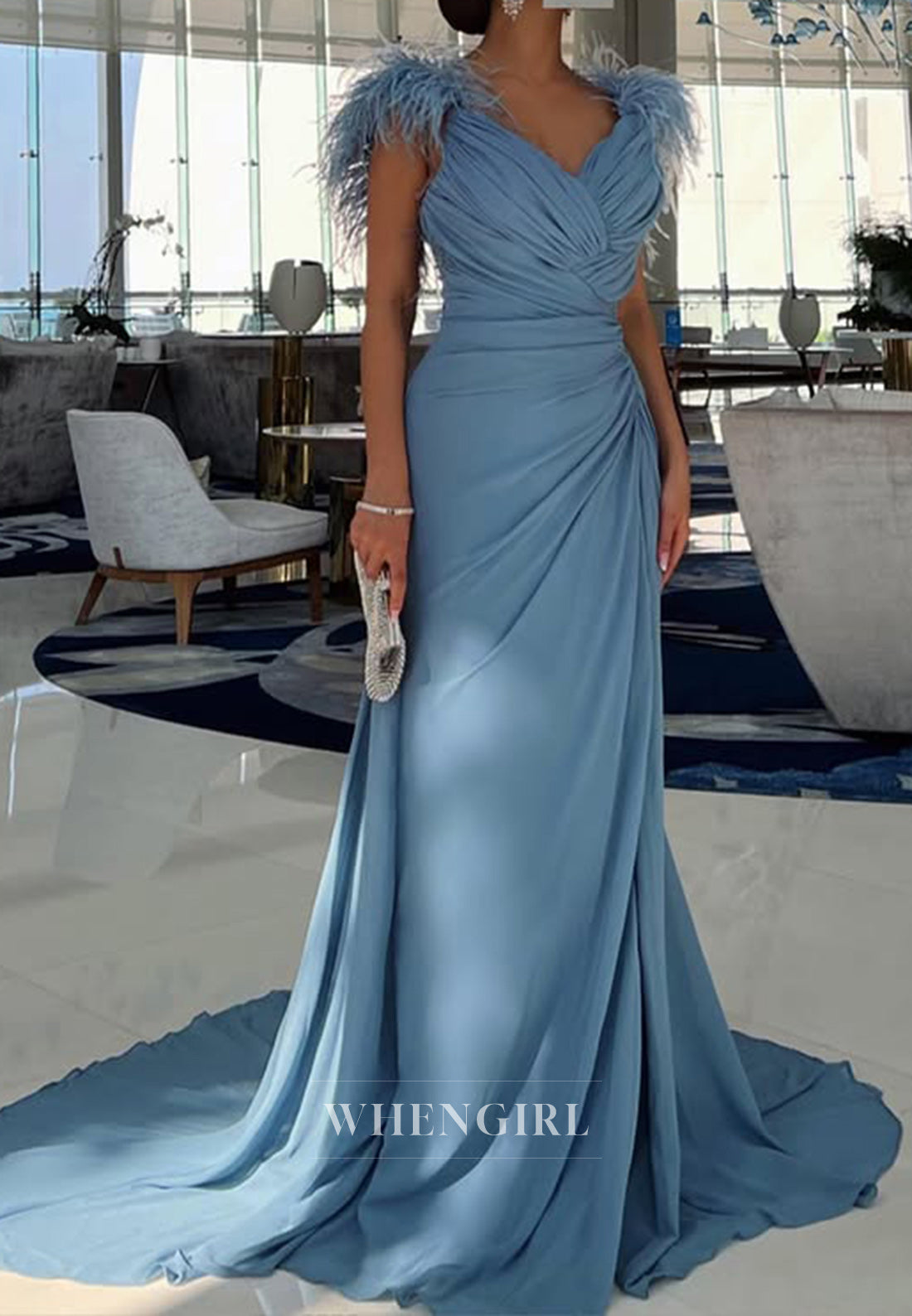 Sheath V Neck Chiffon Pleats Feathers Long Formal Evening Dress with Slit