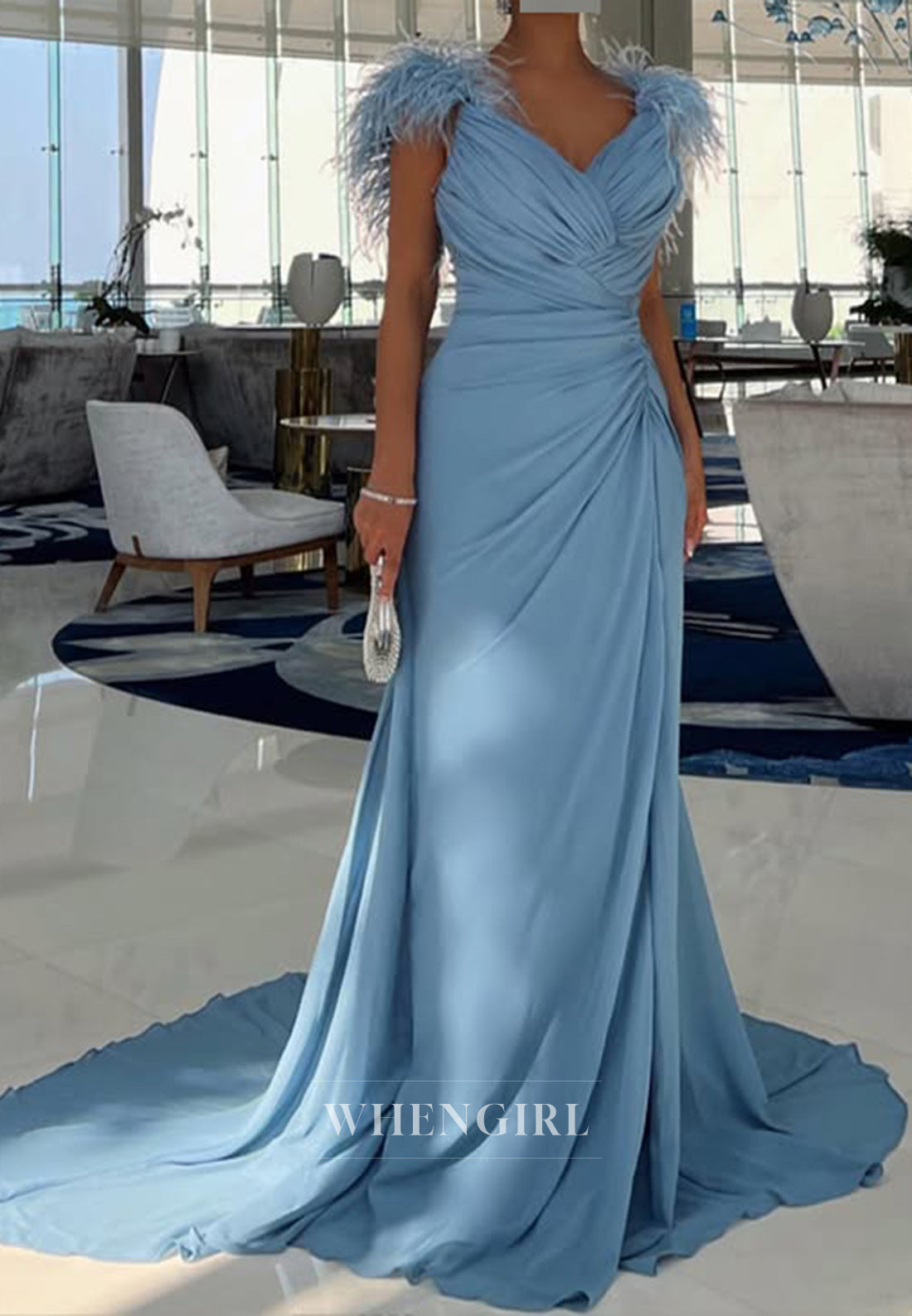 Sheath V Neck Chiffon Pleats Feathers Long Formal Evening Dress with Slit