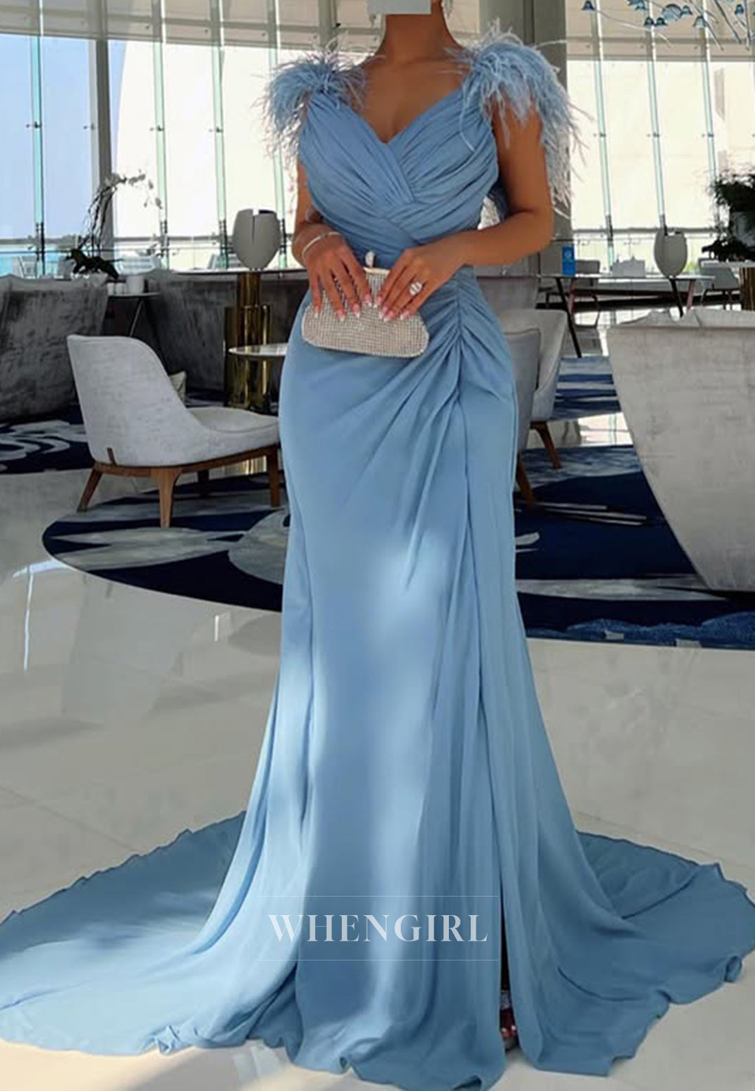 Sheath V Neck Chiffon Pleats Feathers Long Formal Evening Dress with Slit