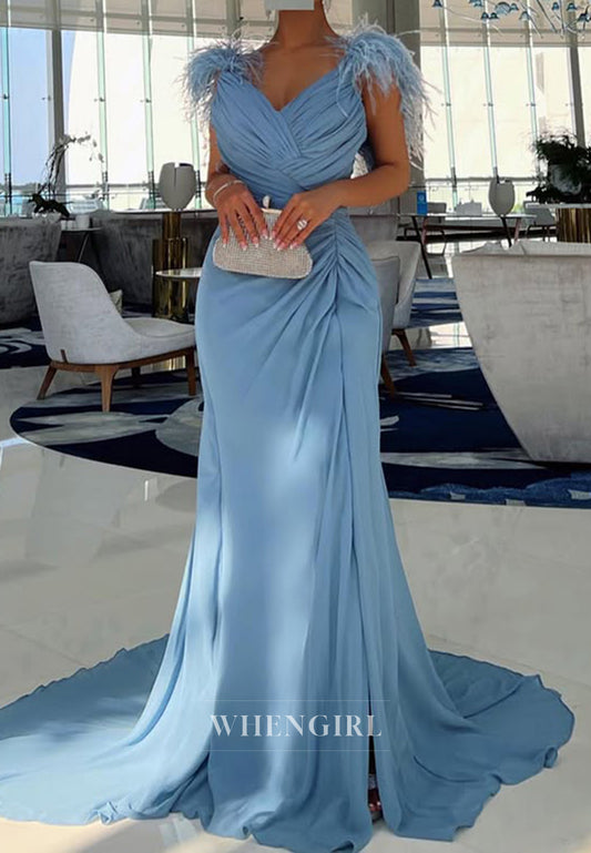 Sheath V Neck Chiffon Pleats Feathers Long Formal Evening Dress with Slit
