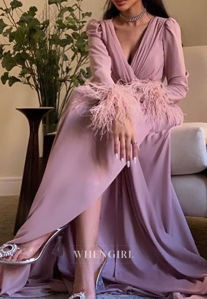 Column V neck Feathers Long Sleeves Formal Evening Dress with Slit