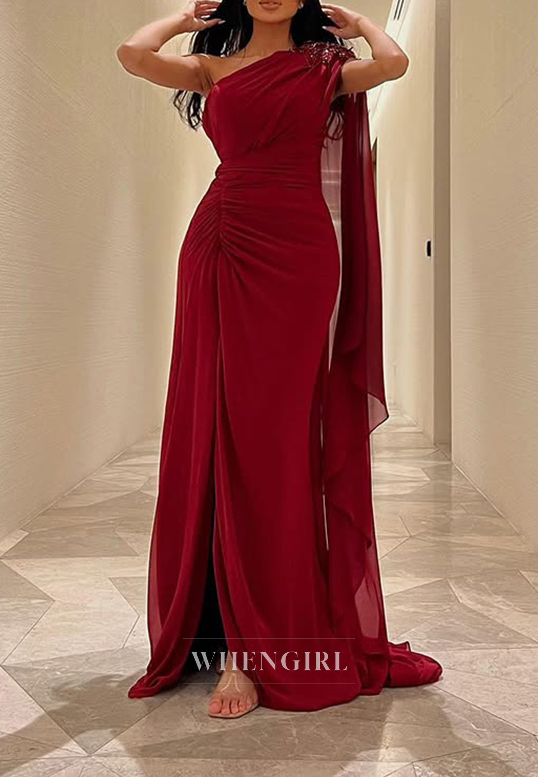 One Shoulder Red Chiffon Pleats Long Formal Evening Dress