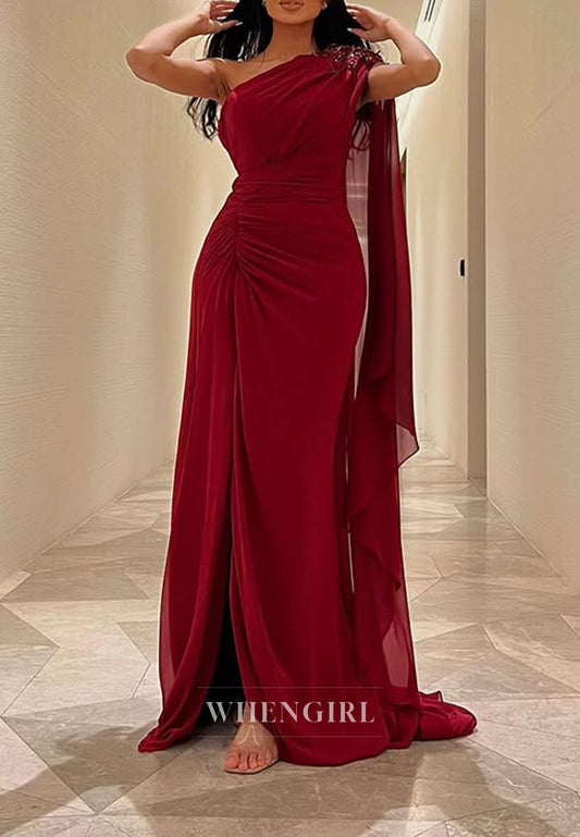 One Shoulder Red Chiffon Pleats Long Formal Evening Dress