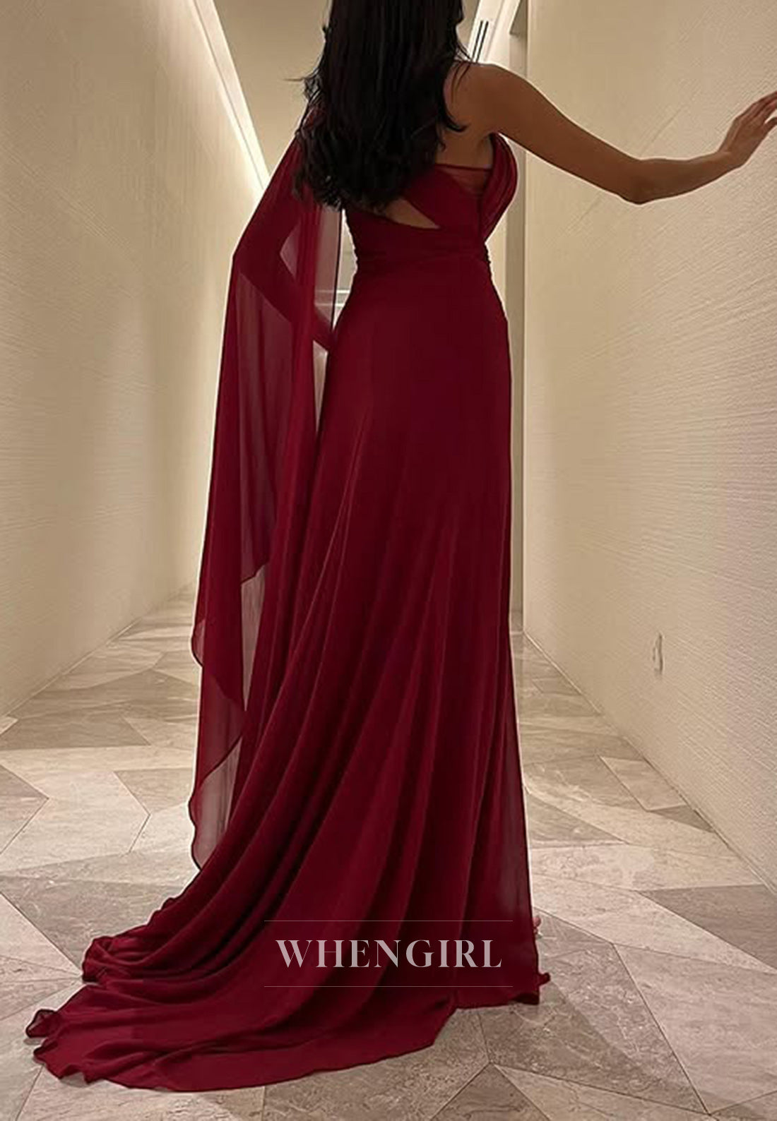 One Shoulder Red Chiffon Pleats Long Formal Evening Dress