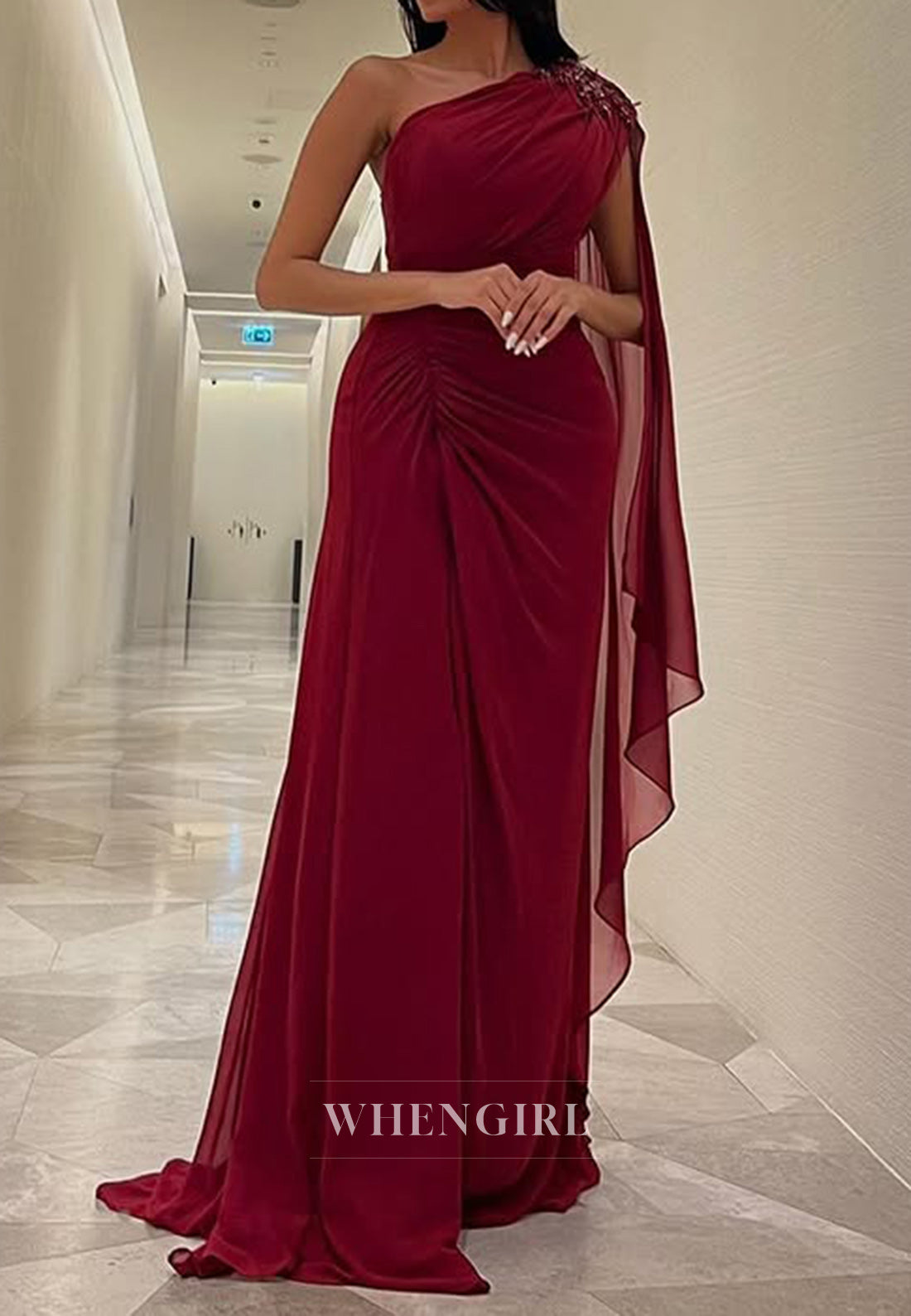 One Shoulder Red Chiffon Pleats Long Formal Evening Dress