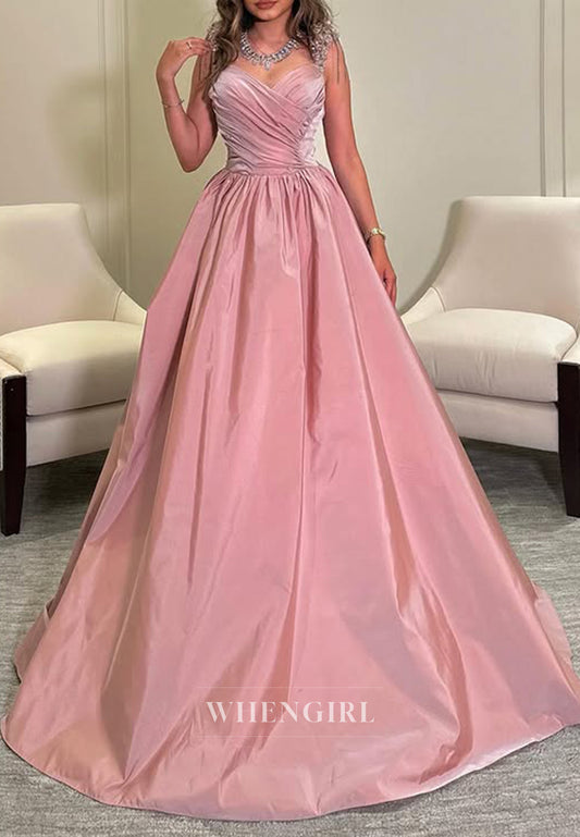 A Line Beads Pleats Long Formal Evening Dress Floor Length