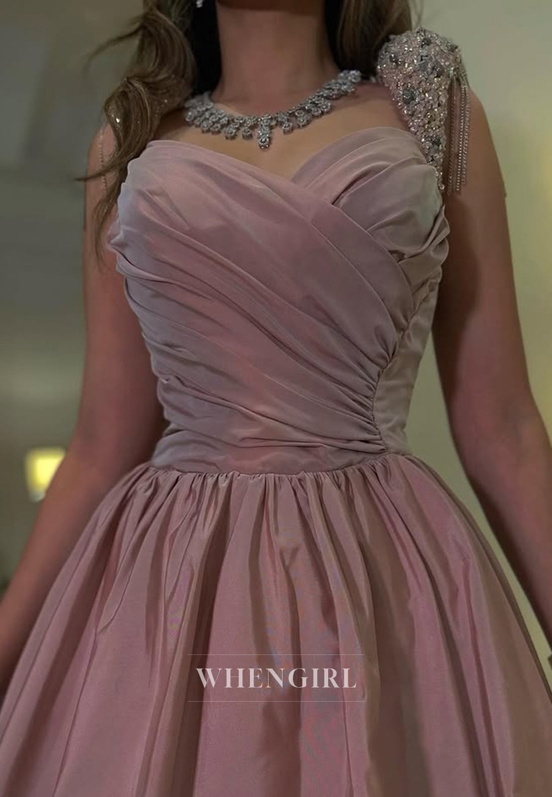 A Line Beads Pleats Long Formal Evening Dress Floor Length