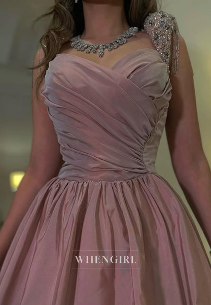 A Line Beads Pleats Long Formal Evening Dress Floor Length