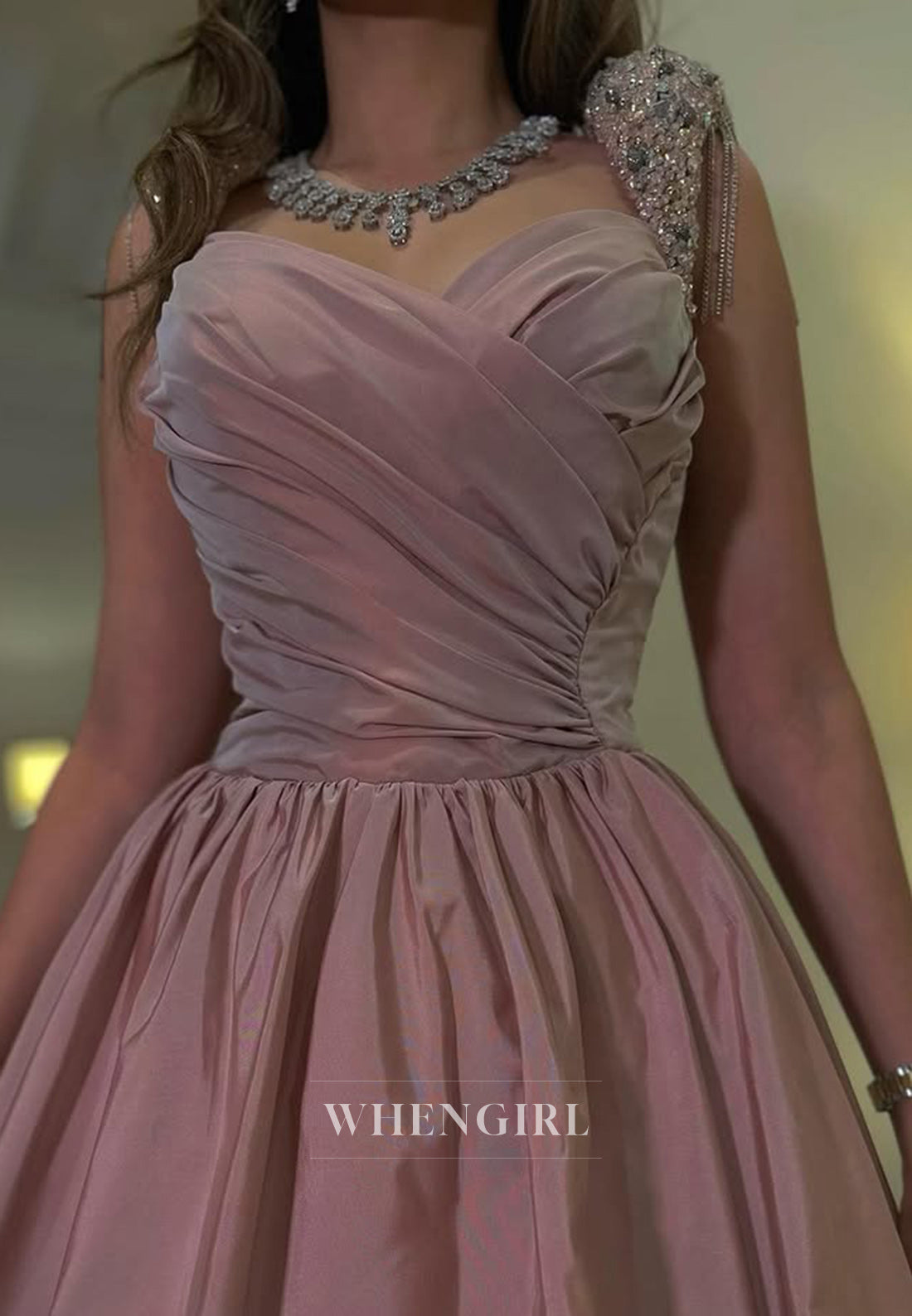 A Line Beads Pleats Long Formal Evening Dress Floor Length