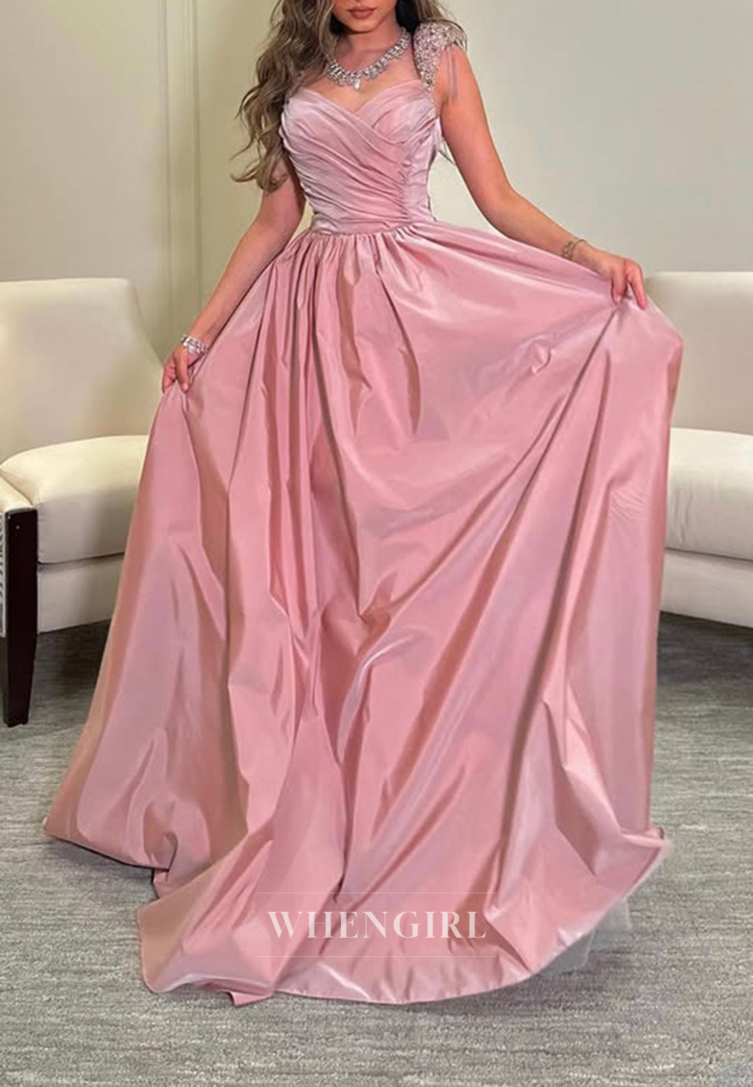 A Line Beads Pleats Long Formal Evening Dress Floor Length