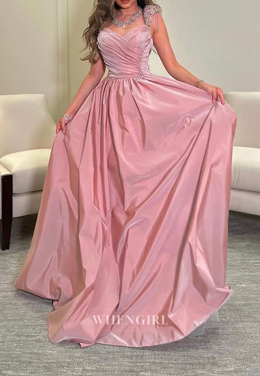 A Line Beads Pleats Long Formal Evening Dress Floor Length