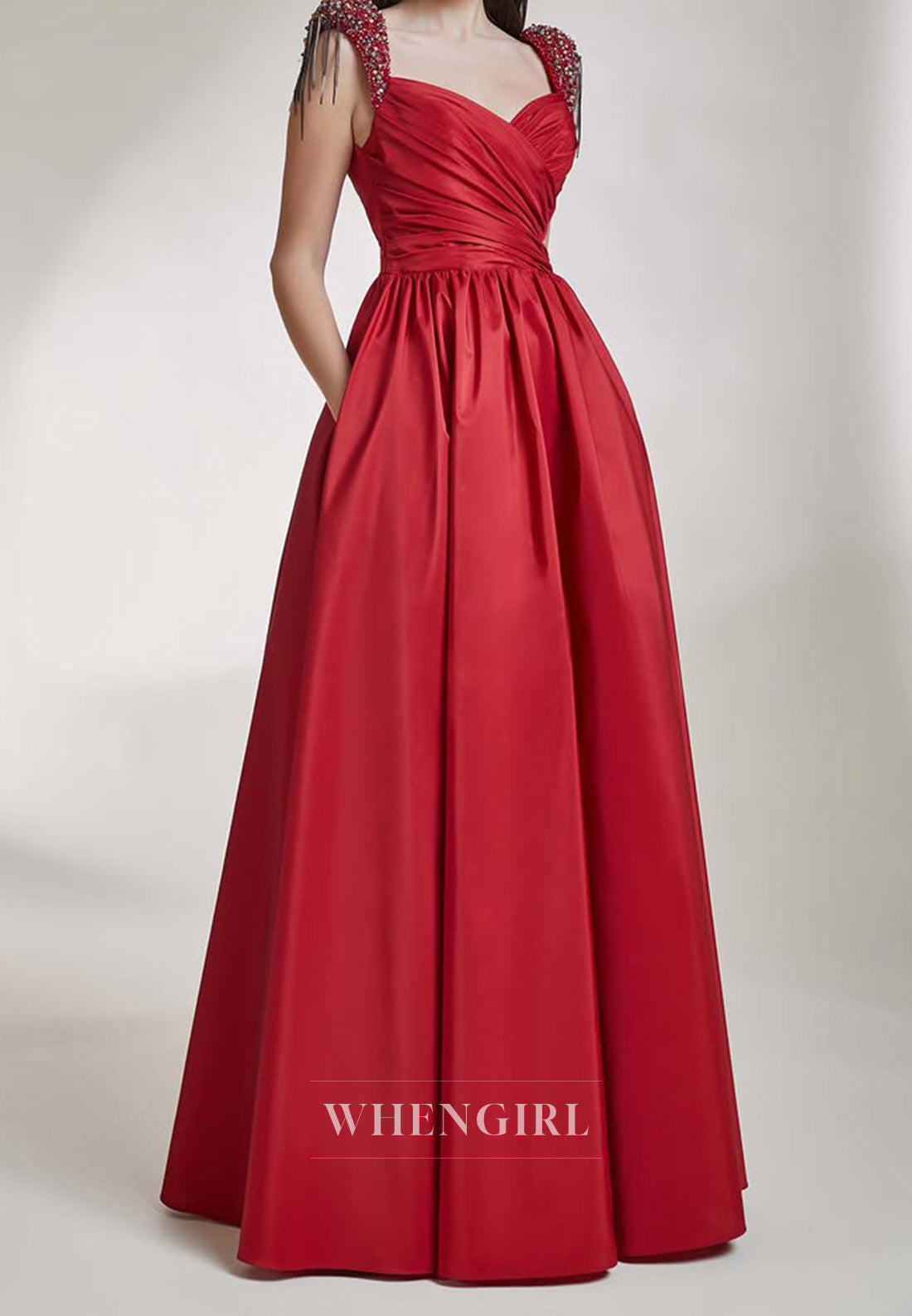 A Line Beads Pleats Long Formal Evening Dress Floor Length