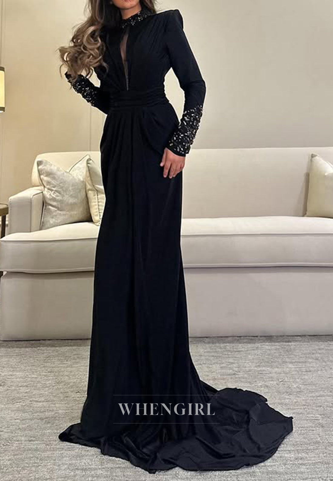 Chic High Neck Black Chiffon Beads Long Sleeves Formal Evening Dress with Slit