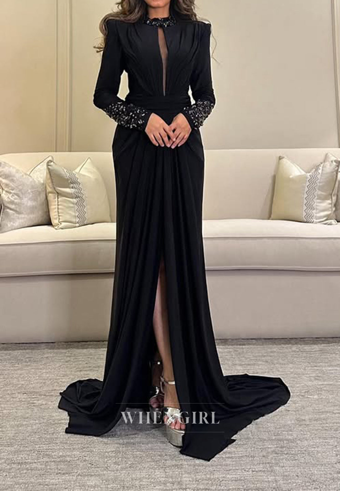 Chic High Neck Black Chiffon Beads Long Sleeves Formal Evening Dress with Slit