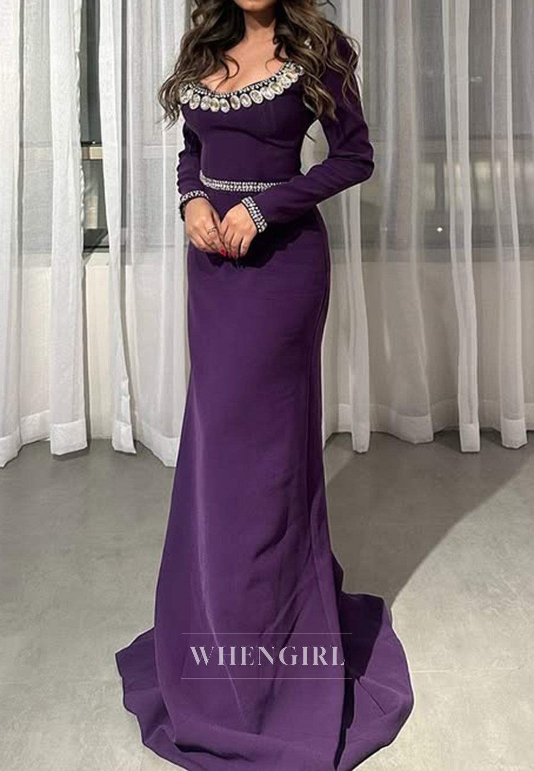 Luxury Crystal Scoop Long Sleeves Column Long Sleeves Formal Evening Dress