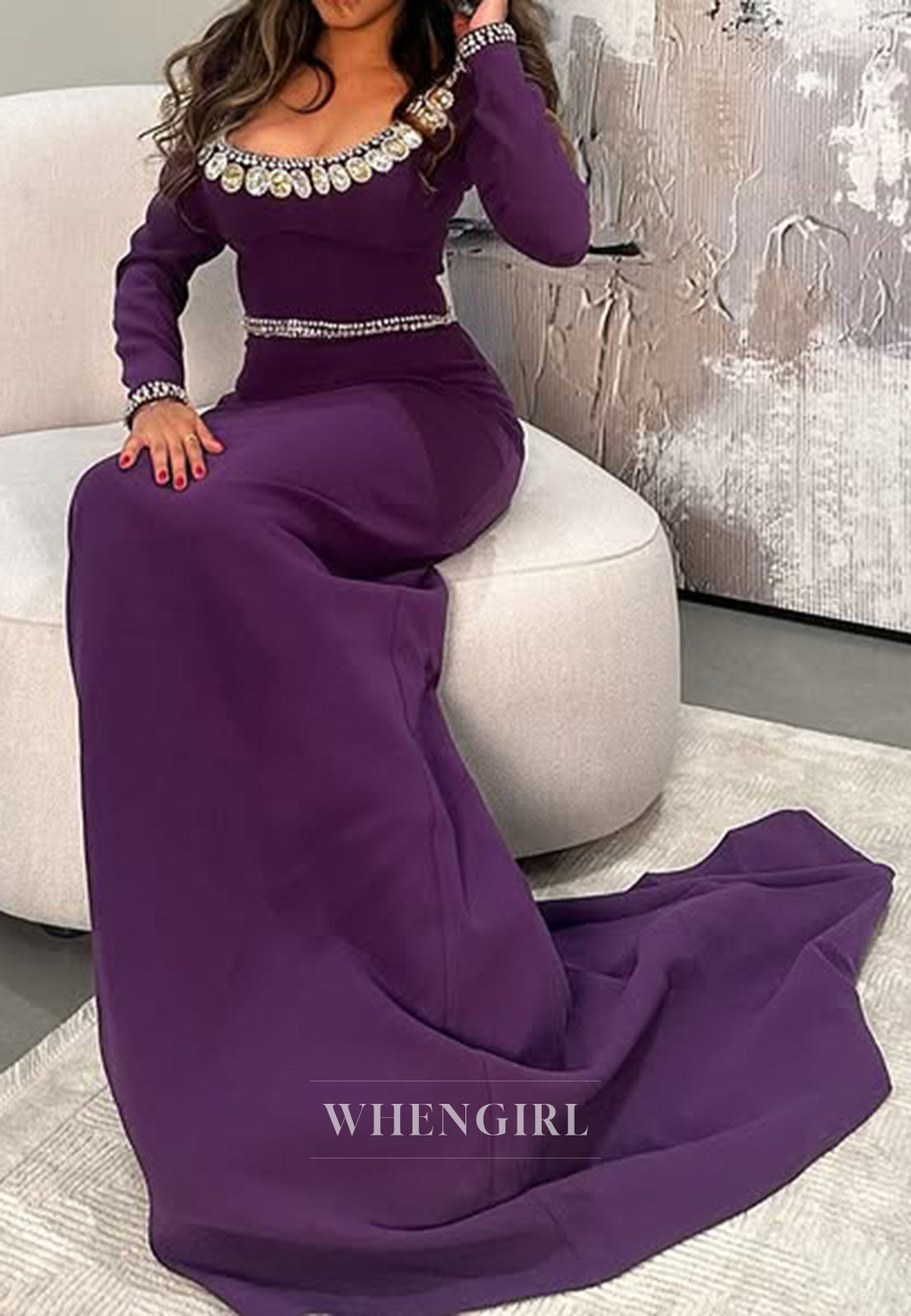 Luxury Crystal Scoop Long Sleeves Column Long Sleeves Formal Evening Dress