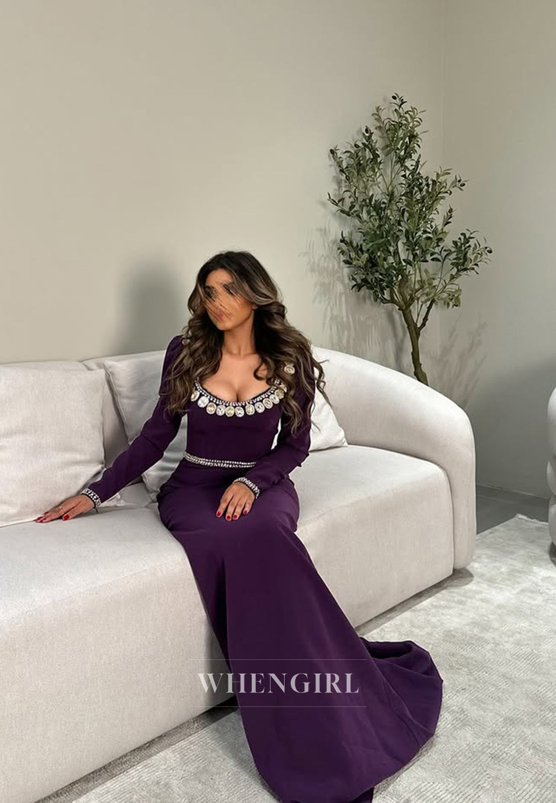 Luxury Crystal Scoop Long Sleeves Column Long Sleeves Formal Evening Dress