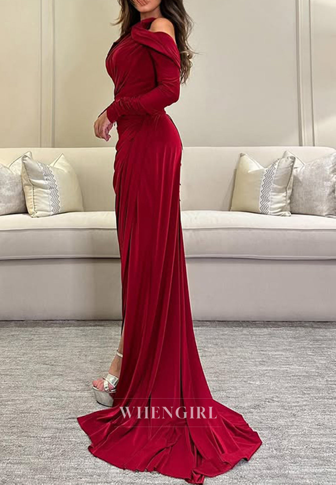 Asymmetrical Neck Ruched Long Sleeves Mermaid Formal Evening Dress with Slit
