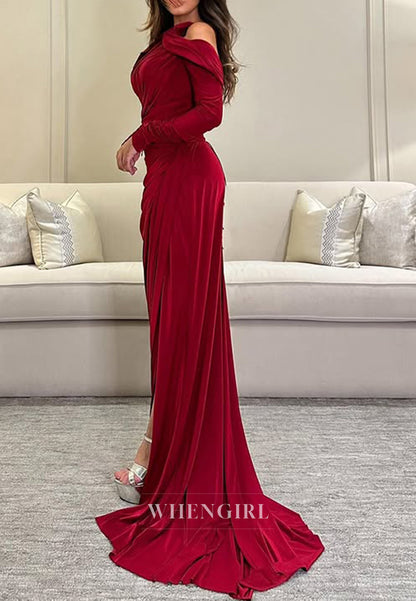 Asymmetrical Neck Ruched Long Sleeves Mermaid Formal Evening Dress with Slit