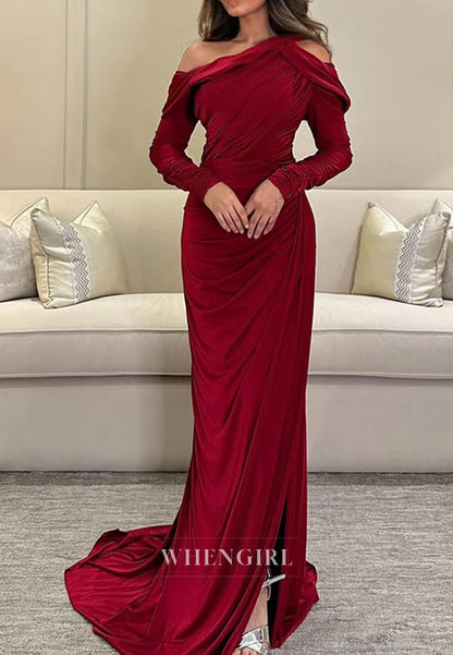 Asymmetrical Neck Ruched Long Sleeves Mermaid Formal Evening Dress with Slit