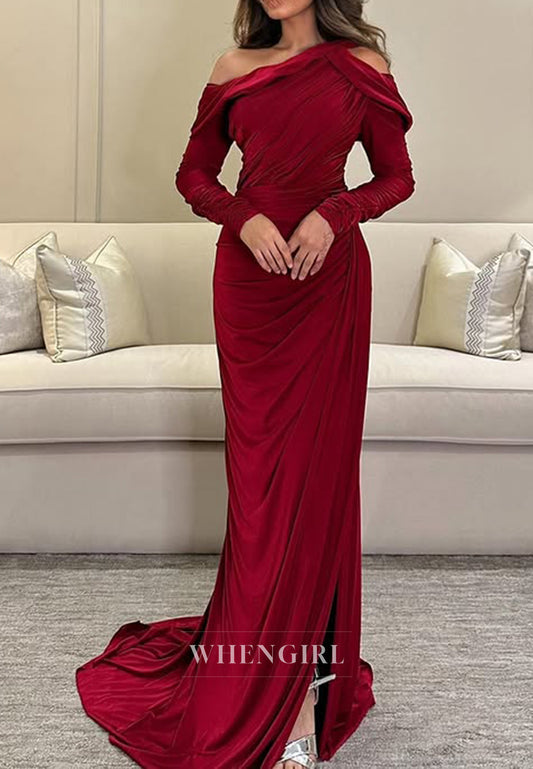 Asymmetrical Neck Ruched Long Sleeves Mermaid Formal Evening Dress with Slit