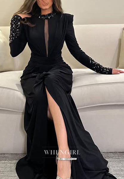 Chic High Neck Black Chiffon Beads Long Sleeves Formal Evening Dress with Slit