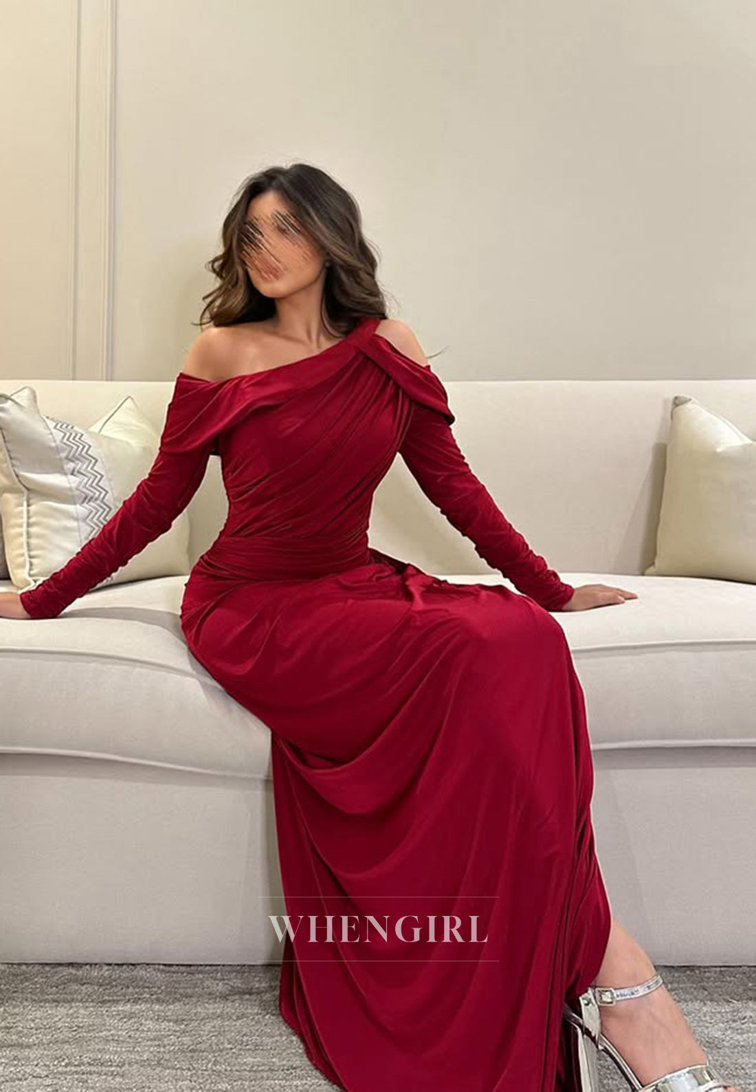 Chic High Neck Bell Sleeves Pleats Red Mermaid Formal Evening Dress