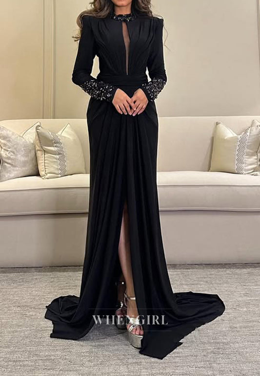 Chic High Neck Black Chiffon Beads Long Sleeves Formal Evening Dress with Slit