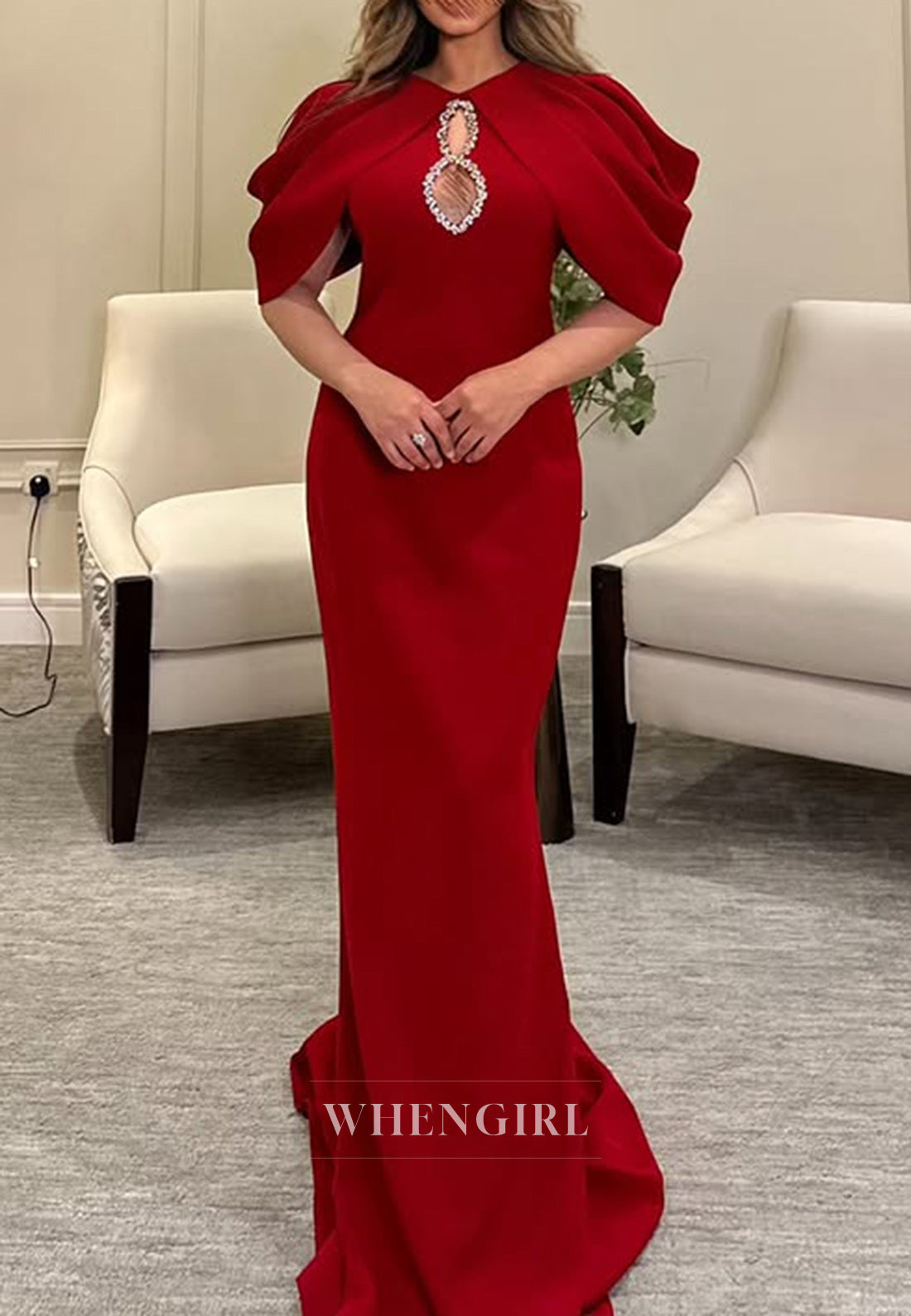 Chic High Neck Bell Sleeves Pleats Red Mermaid Formal Evening Dress