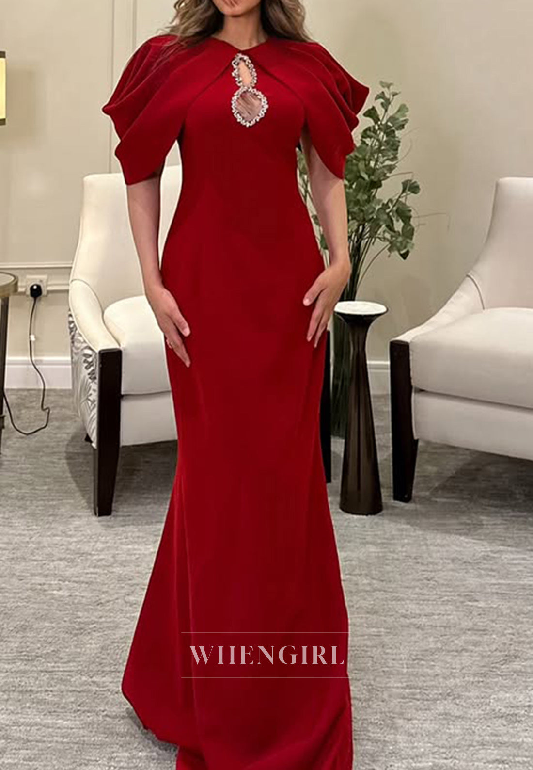 Chic High Neck Bell Sleeves Pleats Red Mermaid Formal Evening Dress