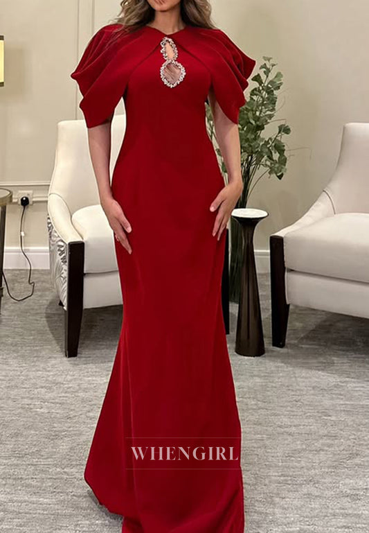 Chic High Neck Bell Sleeves Pleats Red Mermaid Formal Evening Dress
