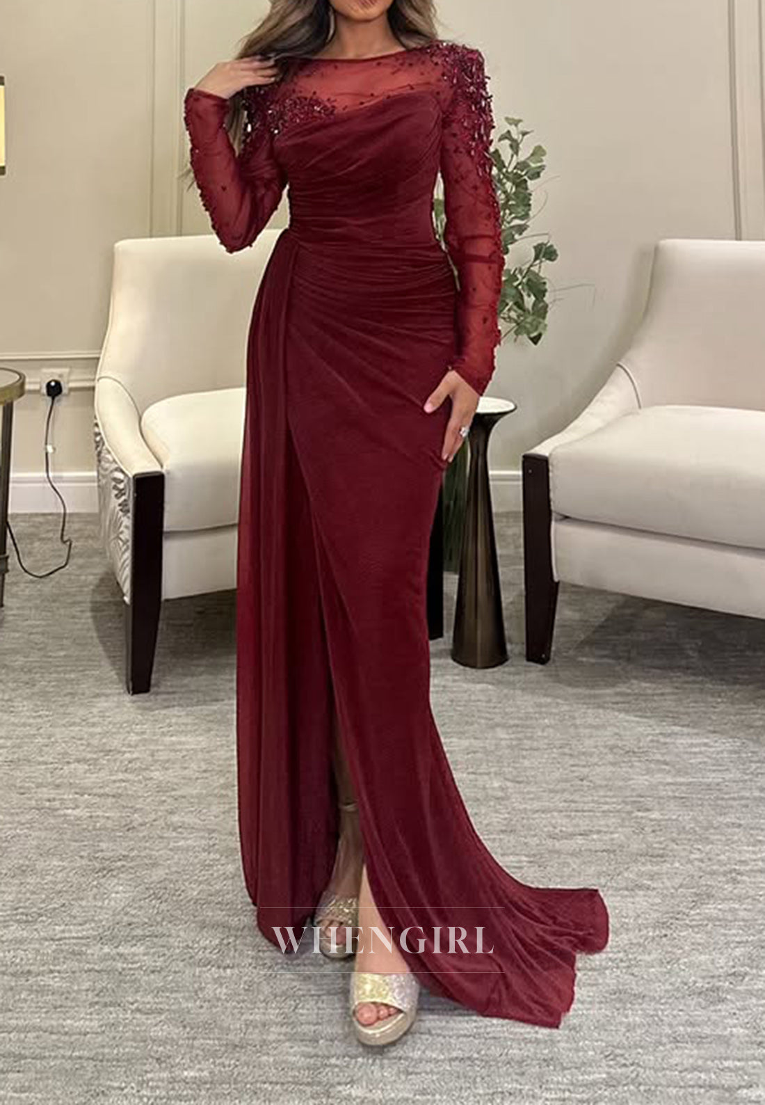 Unique Bateau Beads Pleats Long Sleeves Burgundy Mermaid Formal Evening Dress with Slit