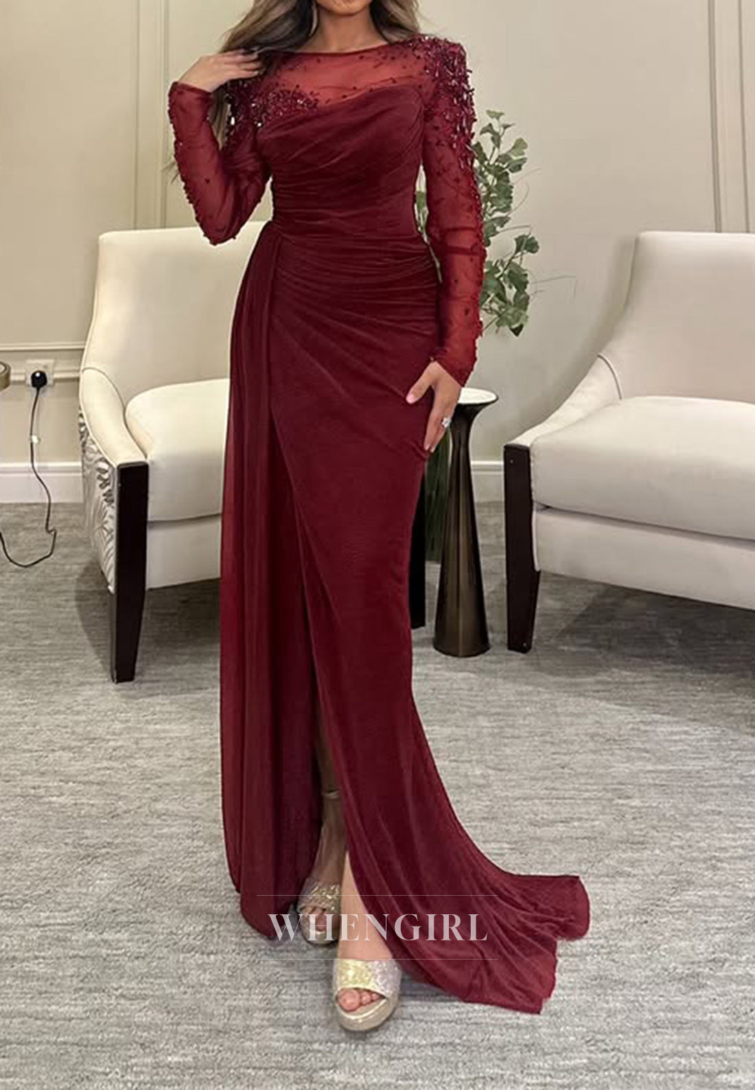 Unique Bateau Beads Pleats Long Sleeves Burgundy Mermaid Formal Evening Dress with Slit