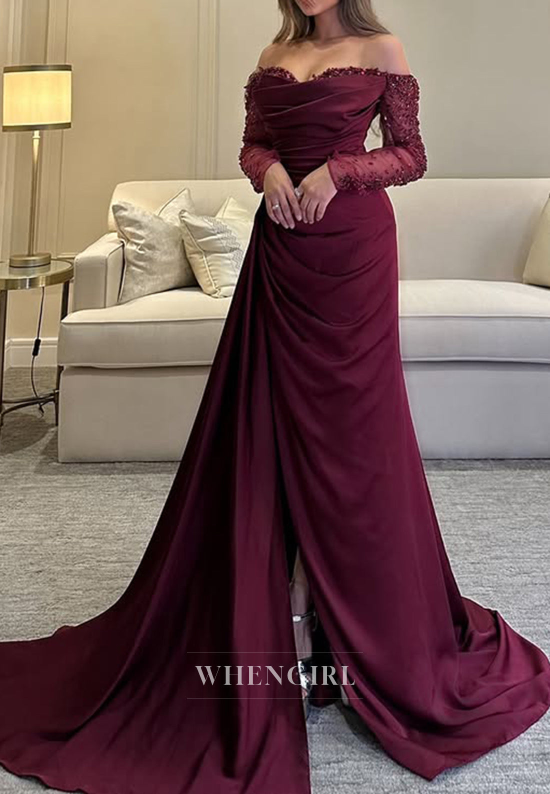 Sweetheart Beads Pleats Side Slit Long Sleeves Burgund Formal Evening Dress