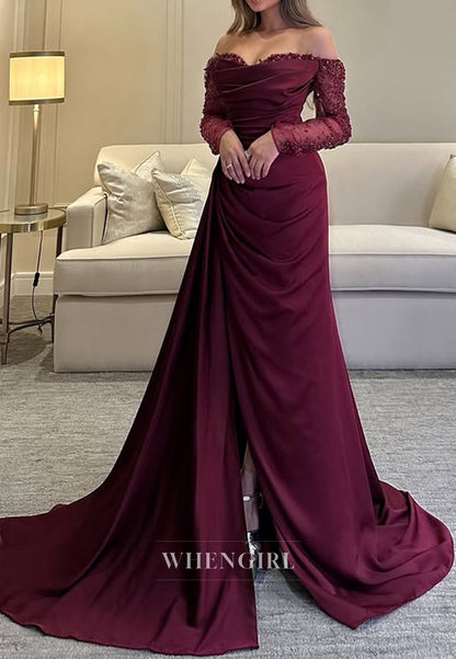 Sweetheart Beads Pleats Side Slit Long Sleeves Burgund Formal Evening Dress