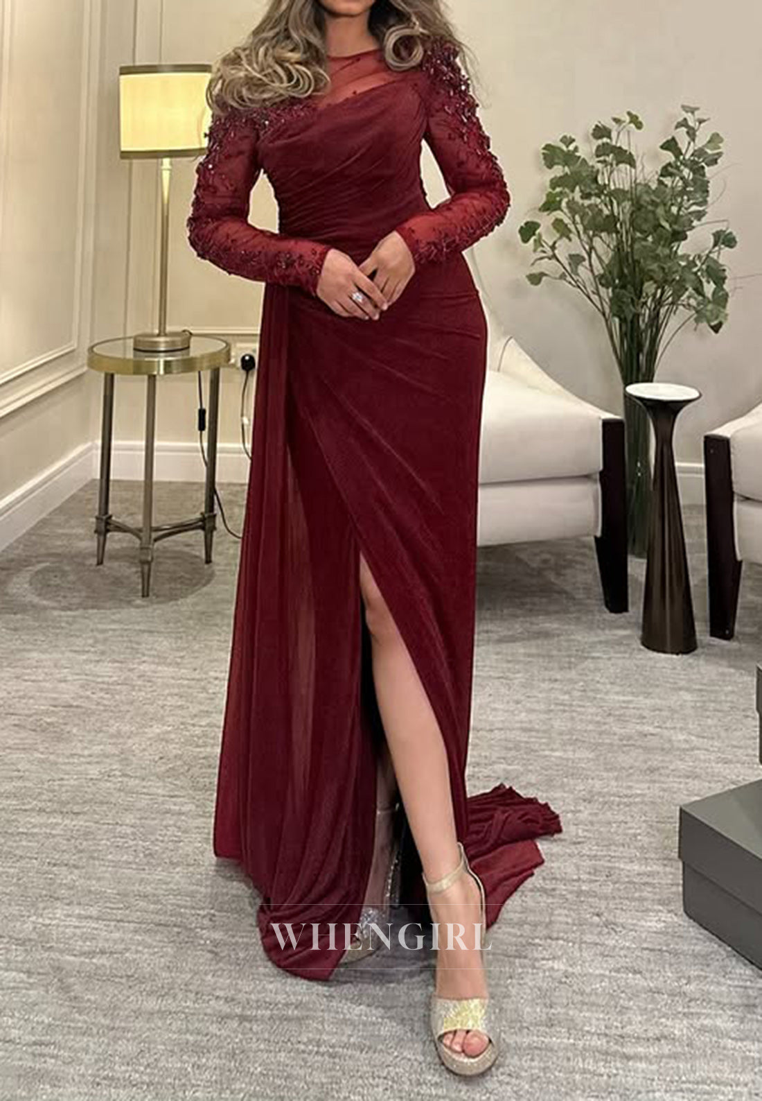 Unique Bateau Beads Pleats Long Sleeves Burgundy Mermaid Formal Evening Dress with Slit