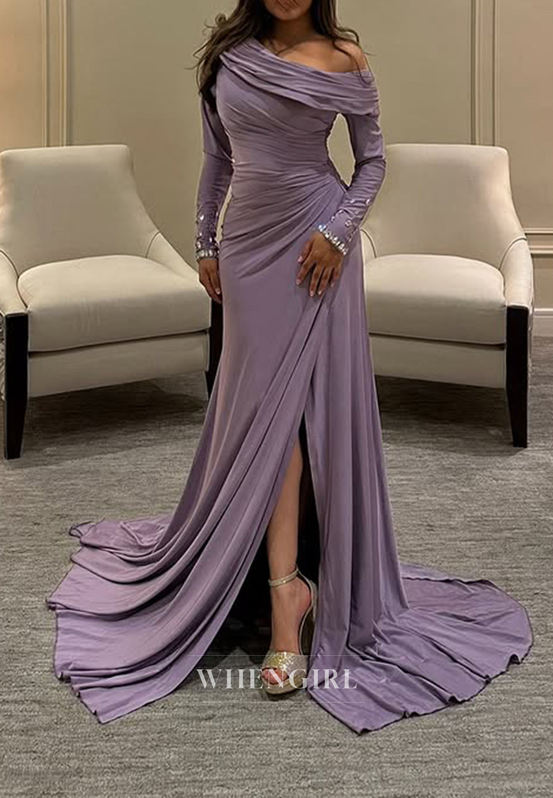 Asymmetrical Neck Pleats Side Slit Long Sleeves Formal Evening Dress