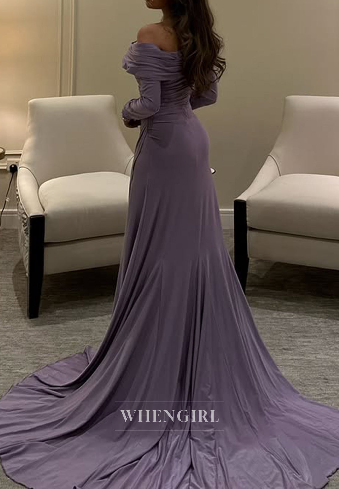 Asymmetrical Neck Pleats Side Slit Long Sleeves Formal Evening Dress