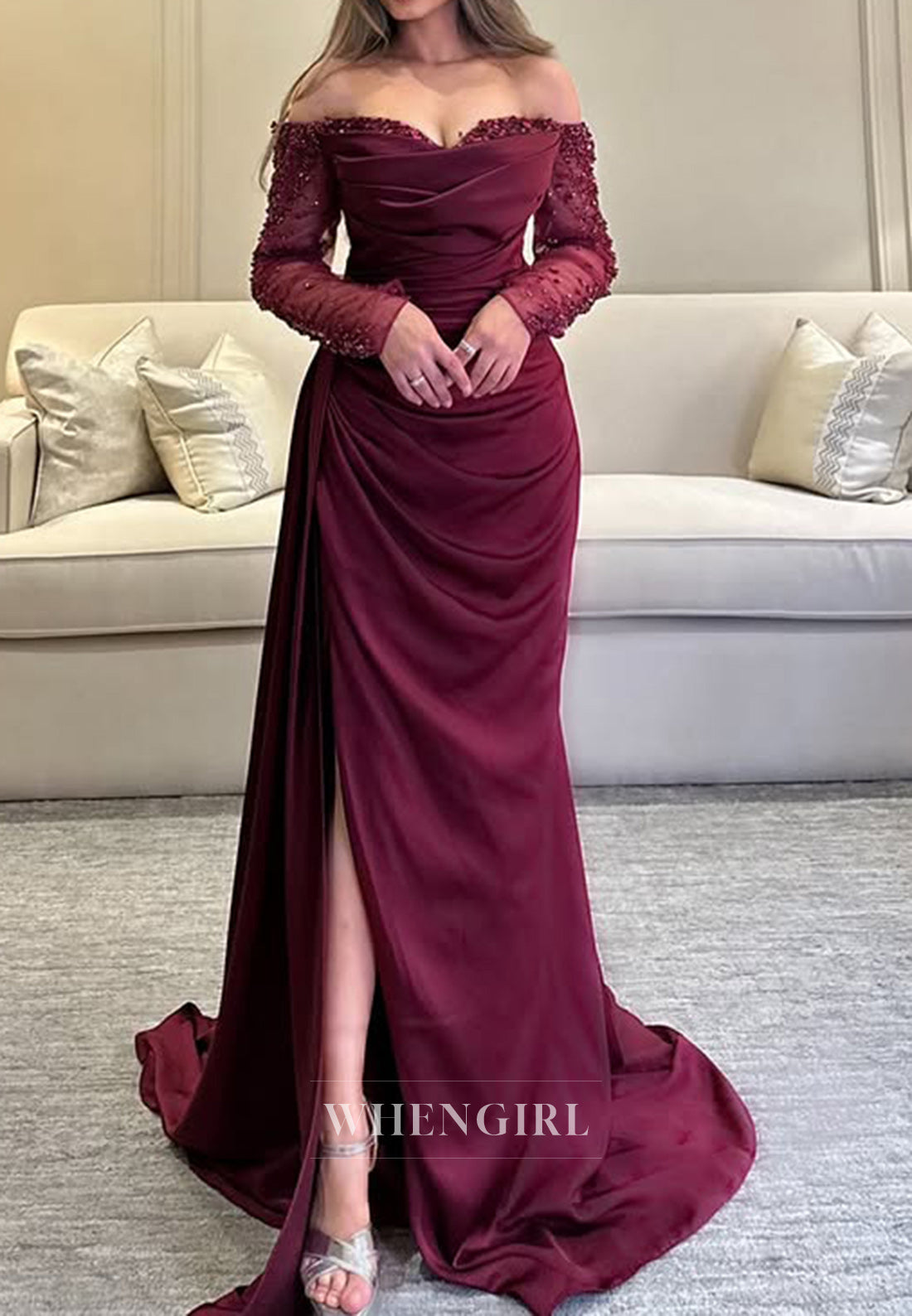 Sweetheart Beads Pleats Side Slit Long Sleeves Burgund Formal Evening Dress